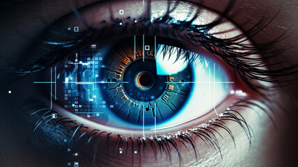 close up of woman face with eye and digital technology concept - obrazy, fototapety, plakaty
