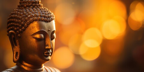 Buddha statue and golden background. Place for text. Symbol of peace and serenity. - obrazy, fototapety, plakaty