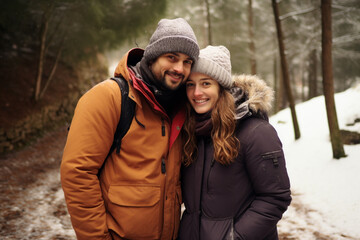 happy couple in snowy landscape in winter scene