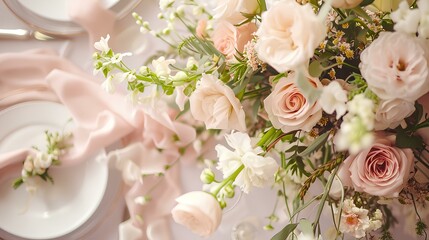 table setting in a luxurious dinner banquet hall. romantic setting with a light pink banner surrounded by a floral spread, certain to add a touch of elegance. generative AI