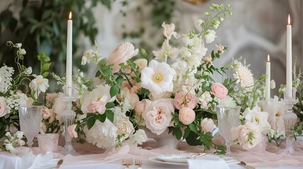 table setting in a luxurious dinner banquet hall. romantic setting with a light pink banner surrounded by a floral spread, certain to add a touch of elegance. generative AI