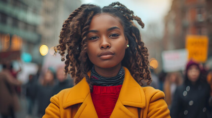 Portrait of a black woman at a street demonstration holding a banner for human rights and black history month. Concept of tolerance and non-racism. - obrazy, fototapety, plakaty