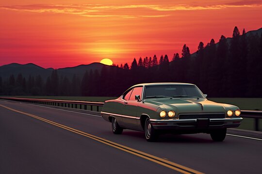Fototapeta Vintage car on the road at sunset