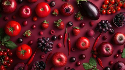 Assortment of different red fruit and vegetable