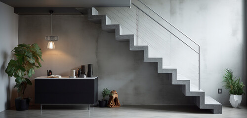 A contemporary, space-saving staircase with slim concrete treads and a sleek metal handrail, in a...