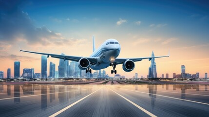 the technology-driven future of commercial air transport, an airplane taking off from an airport runway against a city skyline and world map background, designed with copy space.