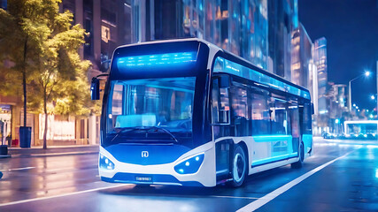 Fototapeta premium Autonomous AI-driven bus on city street with blue lights.