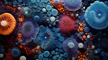  a close up of a bunch of different types of sea anemones on a blue and orange background with bubbles.
