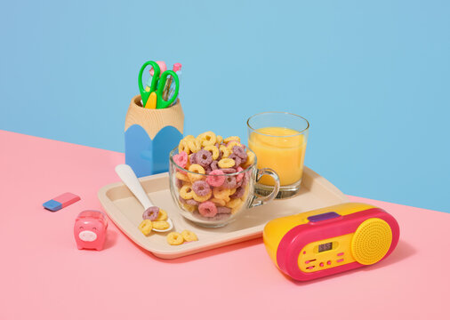 School breakfast and learning. Stylish retro clocks, fresh juice and stationery.