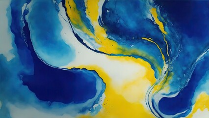 Dark Yellow and blue abstract alcohol ink painting background