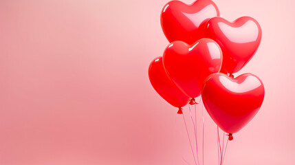 Red heart-shaped balloons on a pink background, space for text. Valentine's day concept
