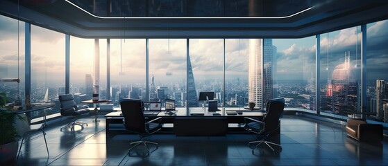 Panorama view inside office in skyscraper