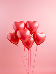 Red heart-shaped balloons on a pink background, space for text. Valentine's day concept
