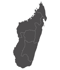 Madagascar map. Map of Madagascar in six mains regions in grey color