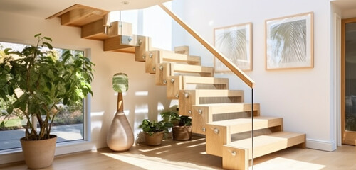 A contemporary staircase with glass balustrades and light oak steps, enhancing a bright, airy...
