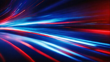Speed light line motion blur on dark background, data transfer simulation, blue to red lights. Ai Generated.