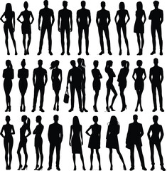 vector detailed silhouettes set of standing people male and female full body front view with body gestures isolated on a white background