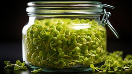  a glass jar filled with green sprouts sitting on top of a table next to a pair of scissors.