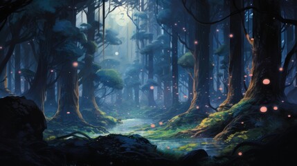  a painting of a forest with fireflies flying over a stream of water and a forest filled with lots of trees.