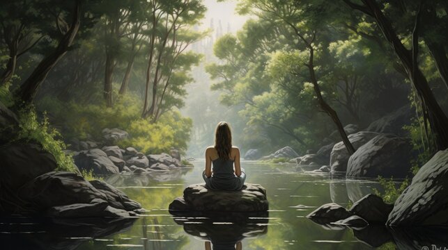  a painting of a woman sitting on a rock in the middle of a river surrounded by rocks and greenery.