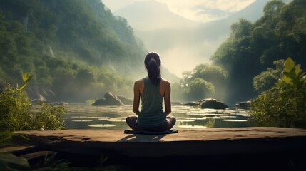  a woman sitting in a lotus position in front of a body of water with a mountain range in the background.