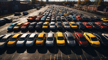 Aerial view new car lined up in the port for import and export business logistic to dealership for sale - obrazy, fototapety, plakaty