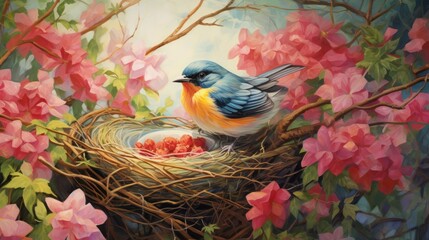  a painting of a blue bird sitting on top of a nest in a tree filled with pink and red flowers.