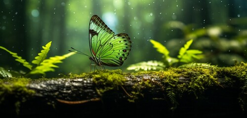 Olive-green butterfly with abstract designs, flitting through a misty rainforest, surrounded by the lush foliage and the soothing sounds of tropical rainfall. - obrazy, fototapety, plakaty