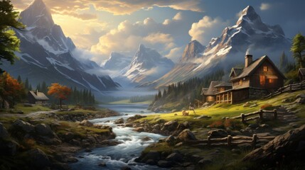  a painting of a mountain scene with a river running through it and a cabin in the foreground with a mountain range in the background. - obrazy, fototapety, plakaty