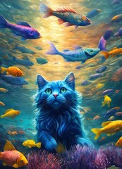 A fantastic lilac cat is hunting for fish in the sea. Fantasy. Cat dreamed of a lot of fish - obrazy, fototapety, plakaty