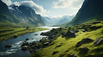  a stream running through a lush green valley next to a lush green hillside covered in grass and a small house on top of a hill.