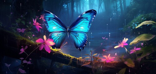 Orchid-colored butterfly with abstract designs, flitting through a misty rainforest, surrounded by lush vegetation and the soothing sounds of rainfall.