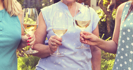 Crop women drinking wine during picnic