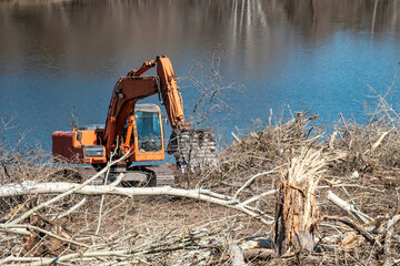 the excavator eliminates the effects of a hurricane near the river. There are a lot of fallen trees