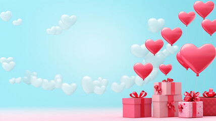 valentine 's day greeting card with gift boxes and balloons. 3 d rendering