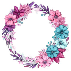 Floral wreath watercolor with pink cherry blossom flowers, leaves, bouquet, frame illustration