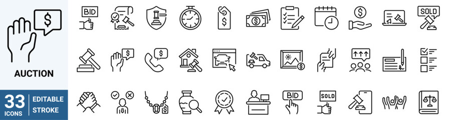 Auction web icons. Contains such Icons as Price Tag, Deal, Auctioneer and more. Editable Stroke.Related Vector Line Icons