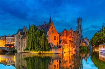 Poster Bruges cityscape, Brugge old town scenic view, Bruges historical city centre, Rosary Quay Rozenhoedkaai embankment, Belfort Belfry tower, Dijver water canal, evening view, Flemish Region, Belgium © Aliaksandr
