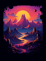 t-shirt design, color and mountain range artwork in the style of light orange and purple created with Generative Ai