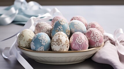  a bowl of decorated eggs sitting on a table next to a white napkin and a white bow on a table.