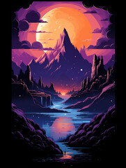 t-shirt design, color and mountain range artwork in the style of light orange and purple created with Generative Ai
