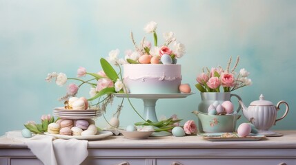  a table topped with a cake covered in frosting next to a vase filled with flowers and an egg on top of a cake stand.