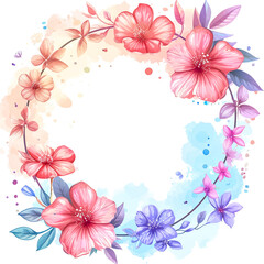 Floral wreath watercolor with pink cherry blossom flowers, leaves, bouquet, frame illustration