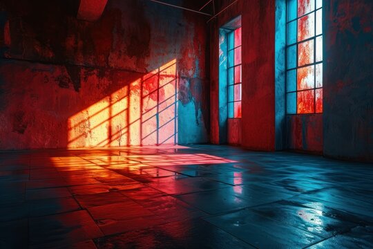 Sunlight casting vibrant shadows through colorful windows in an abandoned room
