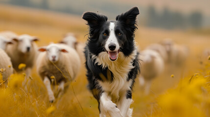 border collie dog,  an energetic and agile border collie herding sheep, showcasing its intelligence and herding instincts