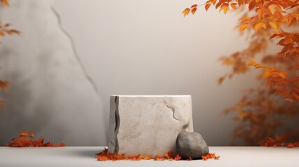  a stone block sitting on top of a white table next to a leaf filled tree with orange leaves on it.