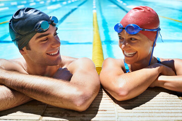 Swimming pool, happy and friends relax after sports exercise, workout routine or training in water....