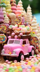 Colorful pastel candy landscape. pink castle or palace in the land of sweets and car. road among sweets and lollipops