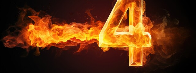 fire number 4 made of fire flames. number four symbol. isolated on black. hot red and orange symbol