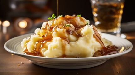  a white plate topped with mashed potatoes covered in gravy and a drizzle of caramel.